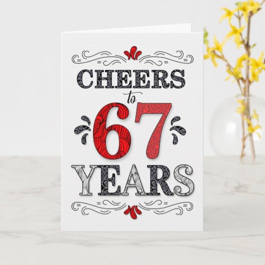 67e verjaardag Proost in rood wit zwart patroon Kaart (Gele Bloem)