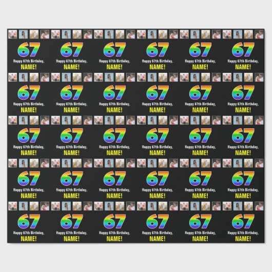 67e verjaardag: Regenboog "67"; Aangepaste foto's  Cadeaupapier (Zoom)