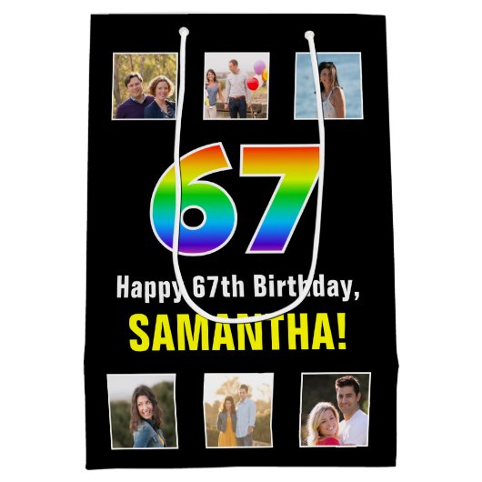67e verjaardag: Regenboog "67", aangepaste foto's  Medium Cadeauzakje (Achterkant)