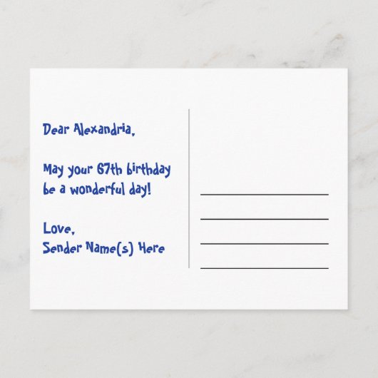 67e verjaardag: Roze strepen en harten, Regenboog  Briefkaart (Achterkant)