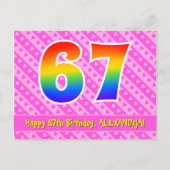 67e verjaardag: Roze strepen en harten, Regenboog  Briefkaart (Voorkant)