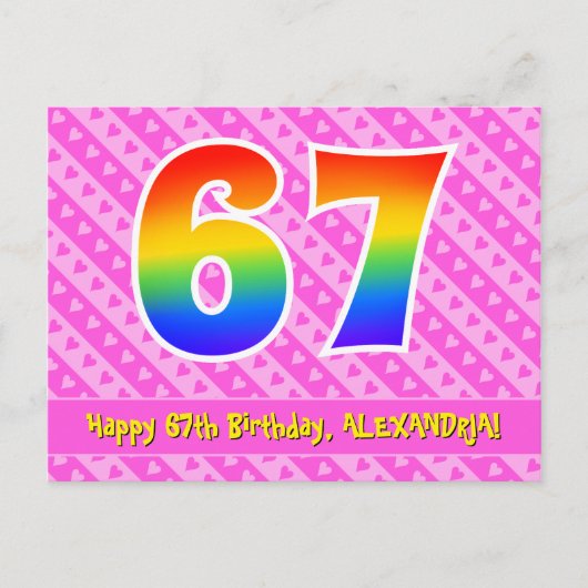 67e verjaardag: Roze strepen en harten, Regenboog  Briefkaart (Voorkant)