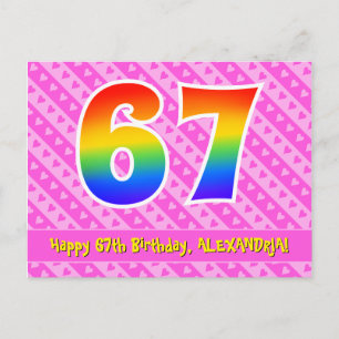 67e verjaardag: roze strepen & harten, regenboog 6 briefkaart