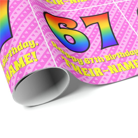 67e verjaardag: roze strepen & harten, regenboog # cadeaupapier (Rol Hoek)