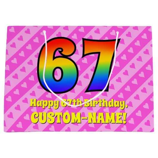 67e verjaardag: roze strepen & harten, regenboog # groot cadeauzakje (Voorkant)