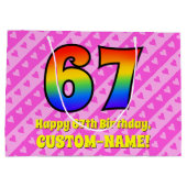 67e verjaardag: roze strepen & harten, regenboog # groot cadeauzakje (Achterkant)