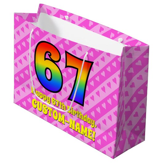 67e verjaardag: roze strepen & harten, regenboog # groot cadeauzakje (Voorkant Gekanteld)