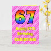 67e verjaardag: roze strepen & harten, regenboog # kaart (Gele Bloem)