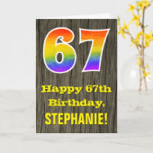 67e verjaardag: rustieke Faux Wood Look, Rainbow " Kaart (Gele Bloem)