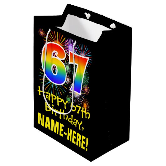 67e verjaardag: Vuurwerk Fun Pattern + Regenboog 6 Medium Cadeauzakje (Voorkant Gekanteld)