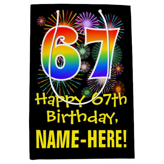 67e verjaardag: Vuurwerk Fun Pattern + Regenboog 6 Medium Cadeauzakje (Voorkant)