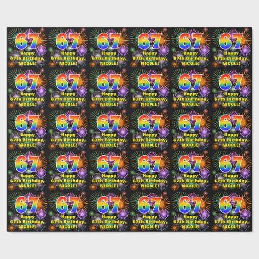 67e verjaardag: vuurwerk, regenboogblik # "67" cadeaupapier (Zoom)