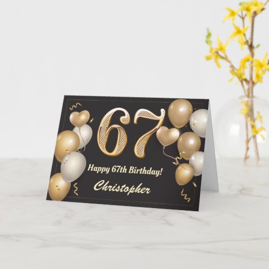 67e verjaardag Zwarte en gouden ballonnen op zater Kaart (Gele Bloem)