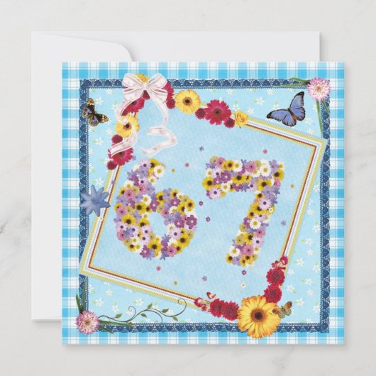 67e verjaardagsfeestje Uitnodiging bloemen, vlinde (Voorkant)