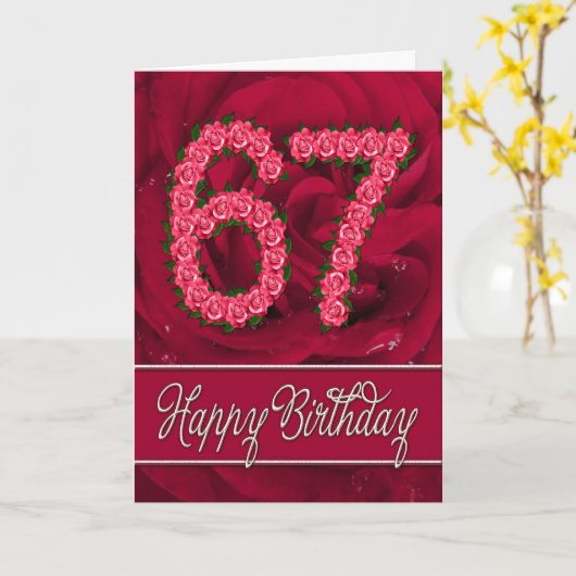 67e verjaardagskaart met rozen en bladeren kaart (Gele Bloem)