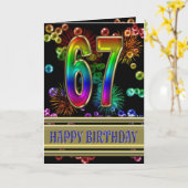 67ste Verjaardag met regenboogbellen en vuurwerk Kaart (Gele Bloem)