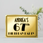 67th Birthday Party — Art Deco look "67" + naam Folie Uitnodiging (Staand Voorkant)
