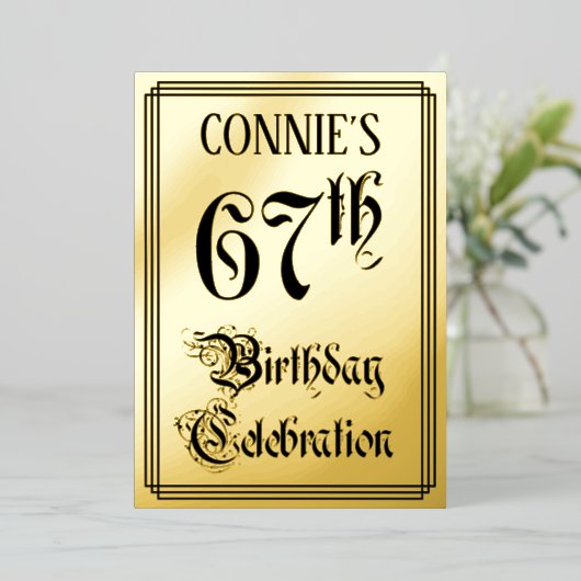 67th Birthday Party — Elegant Script + aangepaste  Folie Uitnodiging (Staand Voorkant)