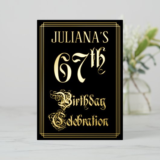 67th Birthday Party — Fancy script & aangepaste na Folie Uitnodiging (Staand Voorkant)