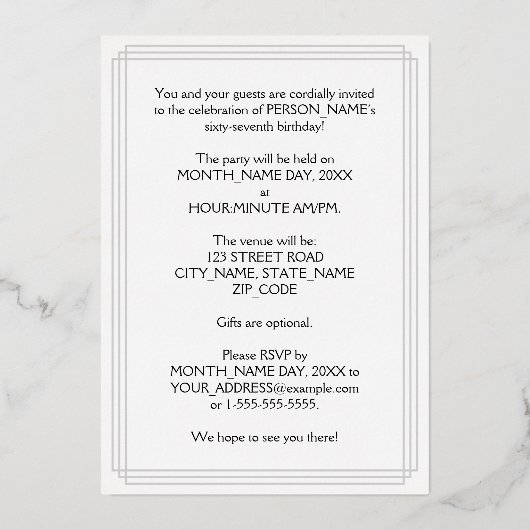 67th Birthday Party — Fancy script & aangepaste na Folie Uitnodiging (Achterkant)