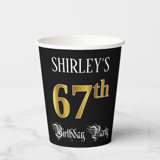 67th Birthday Party — Fancy script, Faux Gold look Papieren Bekers (Achterkant)