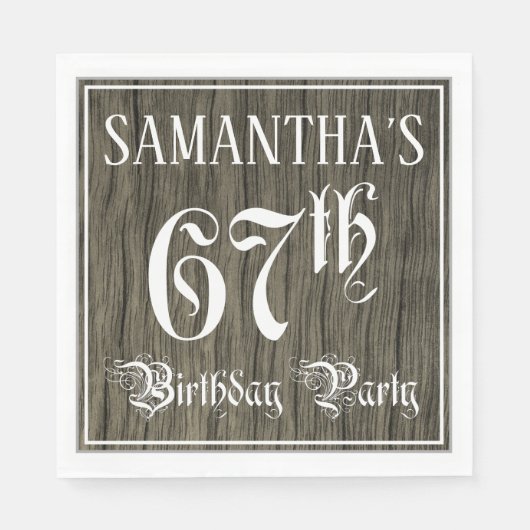 67th Birthday Party — Fancy script, Faux Wood Kijk Servet (Voorkant)