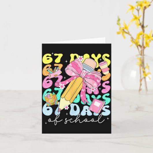 67th Day Of School 67 Days Pencil Coquette Bow Mem Kaart (Gele Bloem)