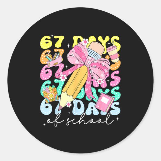 67th Day Of School 67 Days Pencil Coquette Bow Mem Ronde Sticker (Voorkant)