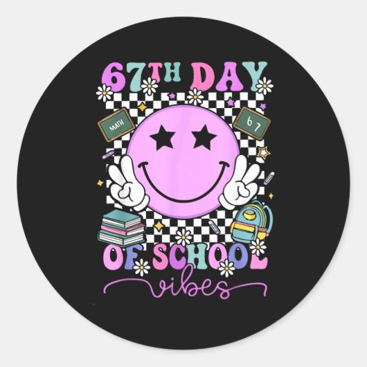 67th Day Of School Vibes Groovy Retro 100 Days Of  Ronde Sticker (Voorkant)