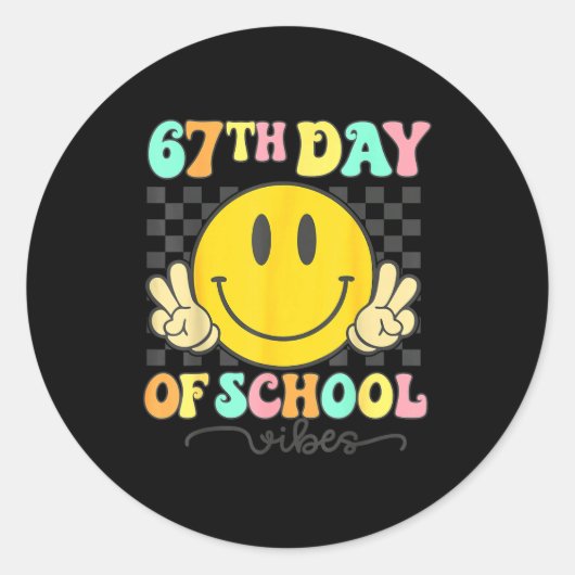 67th Day Of School Vibes Groovy Smile Face 67 Six Ronde Sticker (Voorkant)