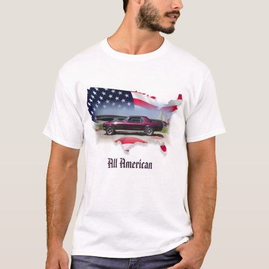 68 Mustang Coupe over de Amerikaanse vlag T-shirt (Voorkant)