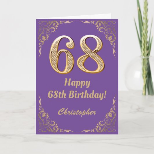 68e Birthday Paars en Gold Glitter Lijst Kaart (Voorkant)
