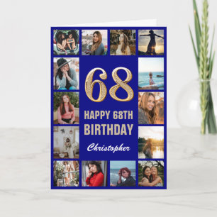 68e Happy Birthday Navy Blue & Gold Photo Collage Kaart