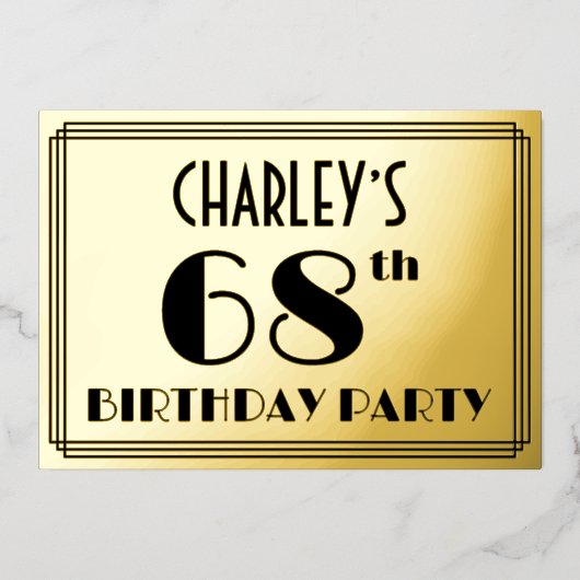 68e verjaardag — Art Deco look "68" + naam Folie Uitnodiging (Voorkant)