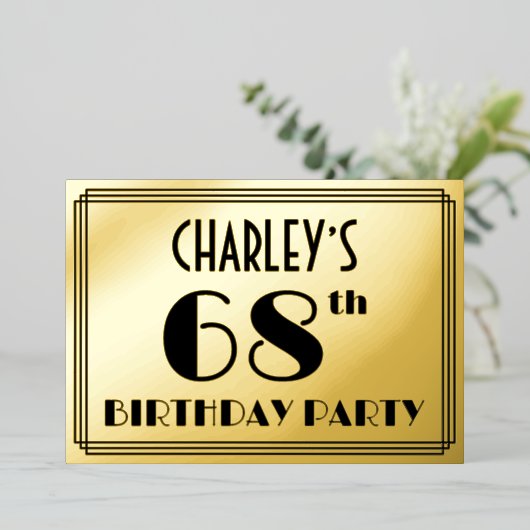68e verjaardag — Art Deco look "68" + naam Folie Uitnodiging (Staand Voorkant)
