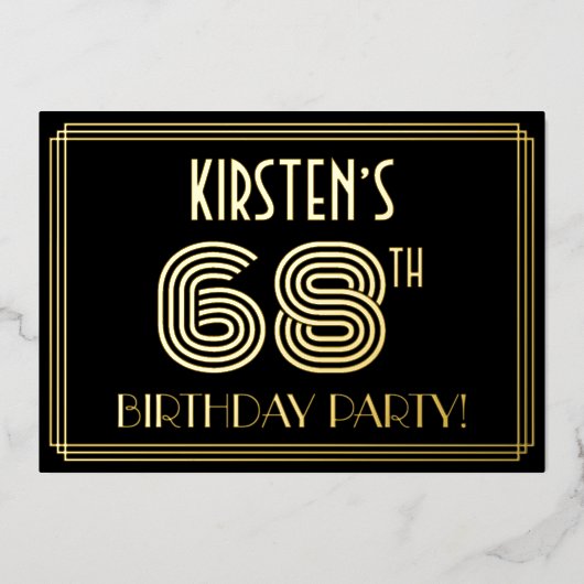 68e verjaardag — Art Deco Style "68" + Naam Folie Uitnodiging (Voorkant)