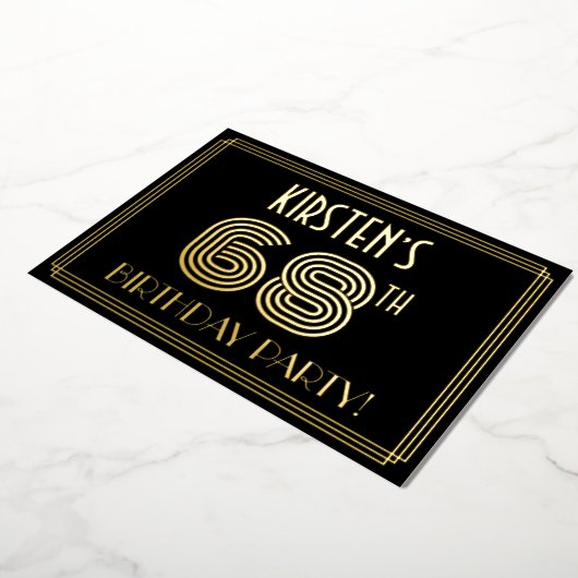 68e verjaardag — Art Deco Style "68" + Naam Folie Uitnodiging (Gedraaid)