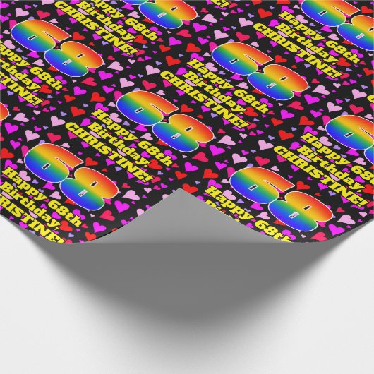 68e verjaardag: Beeldende hartenpatronen, regenboo Cadeaupapier (Hoek)