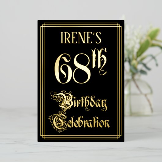 68e verjaardag — Fancy script en aangepaste naam Folie Uitnodiging (Staand Voorkant)