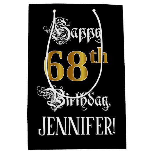 68e verjaardag ~ Fancy script; Faux Gold look; naa Medium Cadeauzakje (Voorkant)