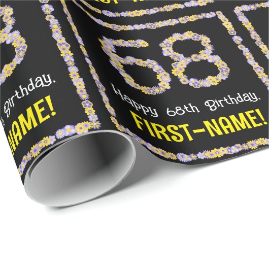68e verjaardag: Floral Flowers Number, Custom Name Cadeaupapier (Rol Hoek)