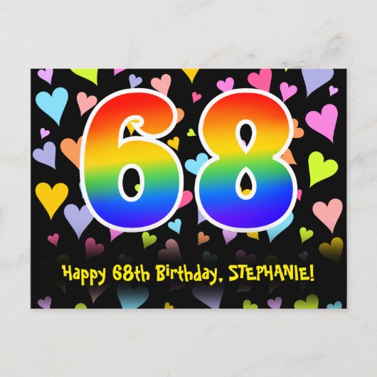 68e verjaardag: Fun Hearts Pattern, Rainbow 68 Briefkaart (Voorkant)