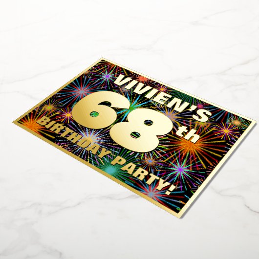 68e verjaardag — Fun, kleurrijke Fireworks look Folie Uitnodiging (Gedraaid)