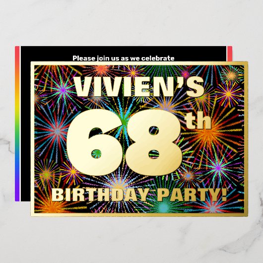 68e verjaardag — Fun, kleurrijke Fireworks look Folie Uitnodiging (Voorkant / Achterkant)