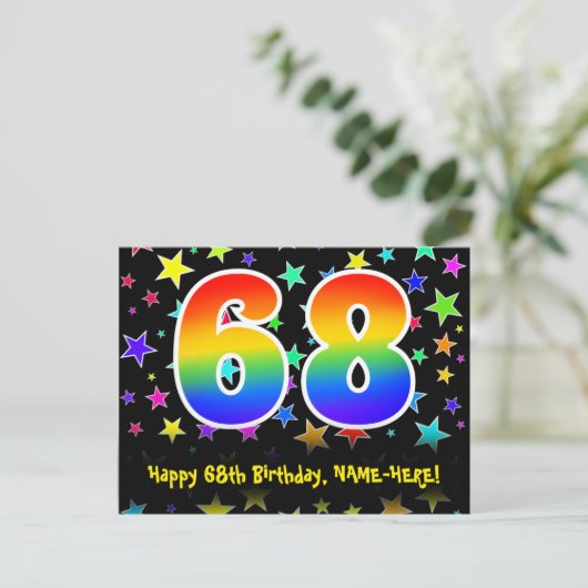 68e verjaardag: leuk sterrenpatroon, regenboog 68, briefkaart (Staand voorkant)