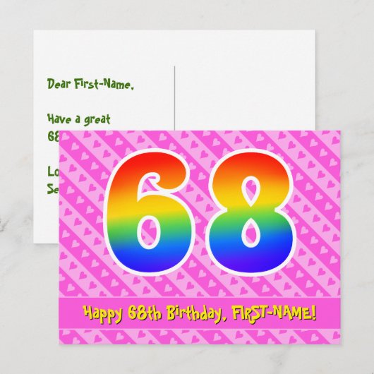 68e verjaardag: Roze strepen & harten, Regenboog 6 Briefkaart (Voorkant / Achterkant)