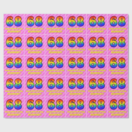 68e verjaardag: roze strips & harten, regenboognr. cadeaupapier (Vlak)