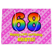 68e verjaardag: roze strips & harten, regenboognr. groot cadeauzakje (Voorkant)