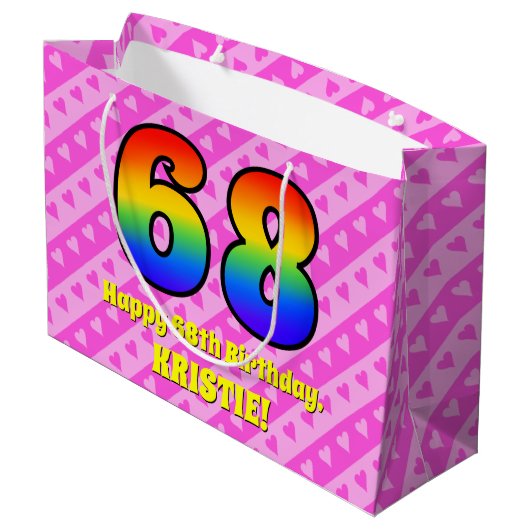 68e verjaardag: roze strips & harten, regenboognr. groot cadeauzakje (Achterkant Gekanteld)
