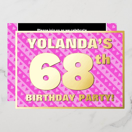68e verjaardag van de opstand - vuurroze harten en folie uitnodiging (Voorkant / Achterkant)